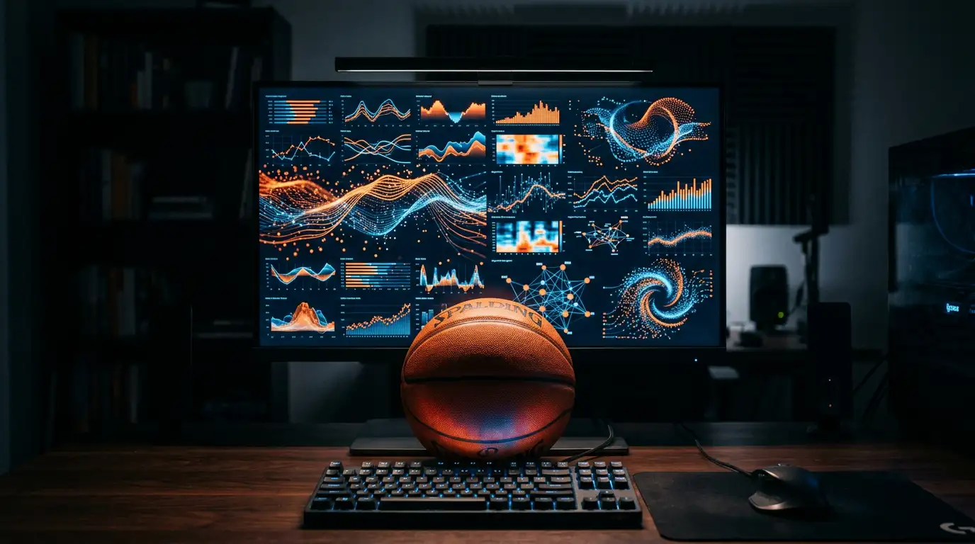 Ecrã com linhas de dados e gráficos digitais ao lado de uma bola de basquetebol