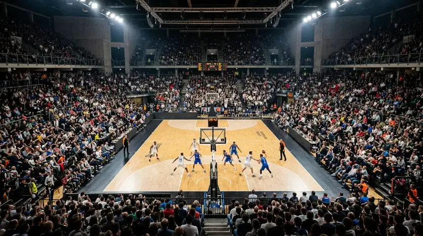 Pavilhão de basquetebol europeu com adeptos nas bancadas durante um jogo da Euroliga