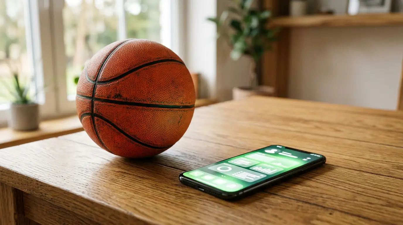 Telemóvel com ecrã iluminado ao lado de uma bola de basquetebol sobre uma mesa