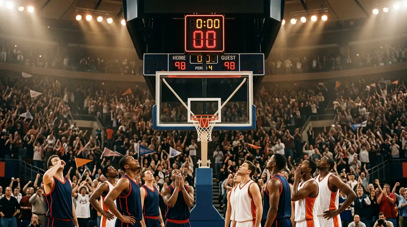 Relógio de jogo de basquetebol a marcar zero com jogadores prontos para o prolongamento