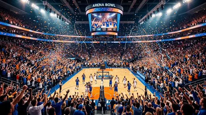 Pavilhão NBA com adeptos entusiasmados durante um jogo de playoffs