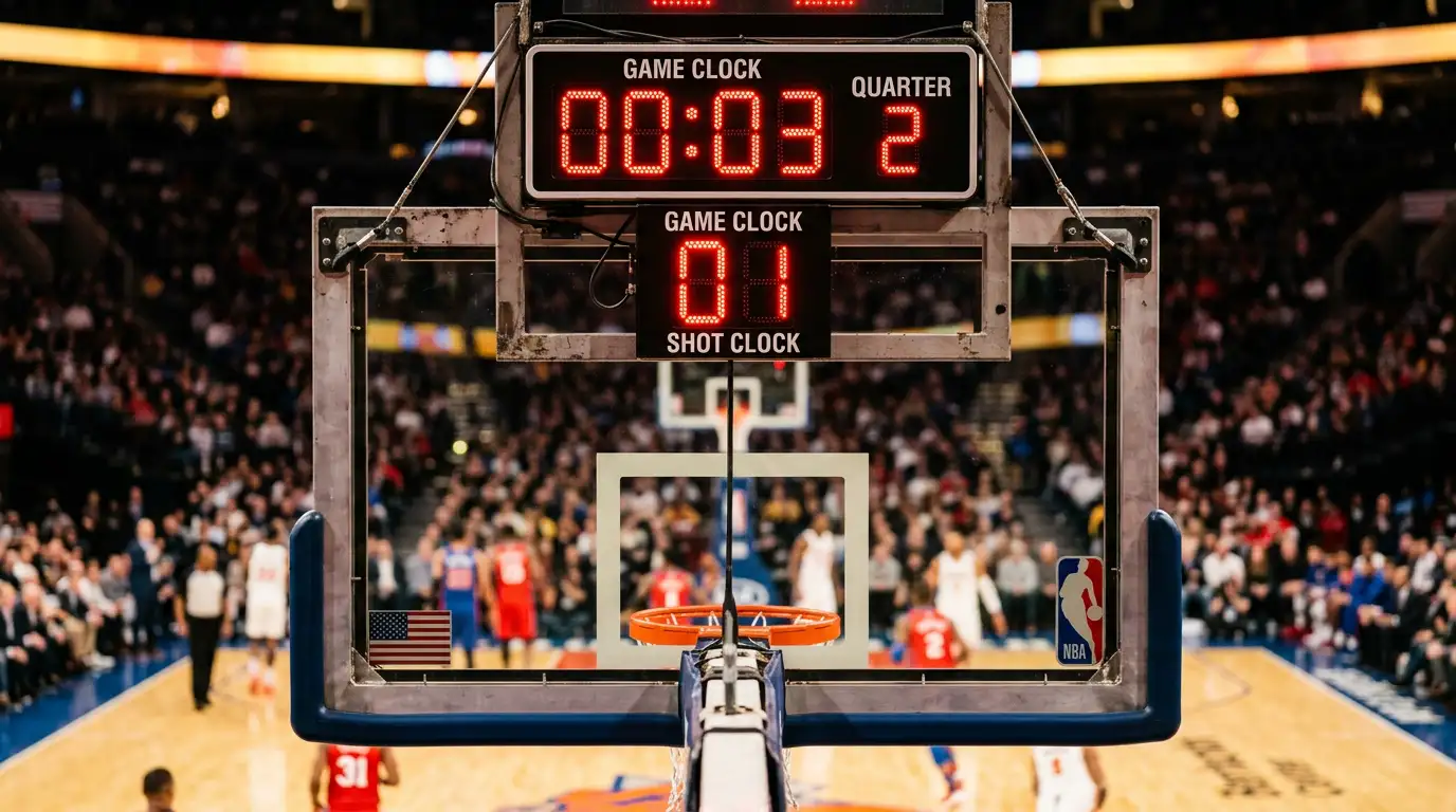 Relógio de jogo de basquetebol NBA a marcar o final de um quarto