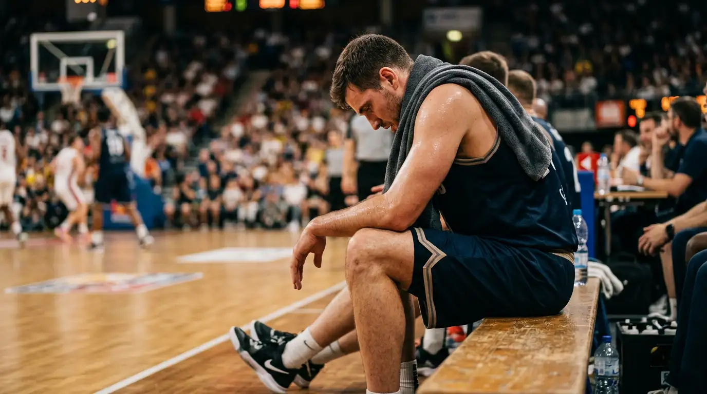 Jogador de basquetebol cansado sentado no banco durante um jogo NBA