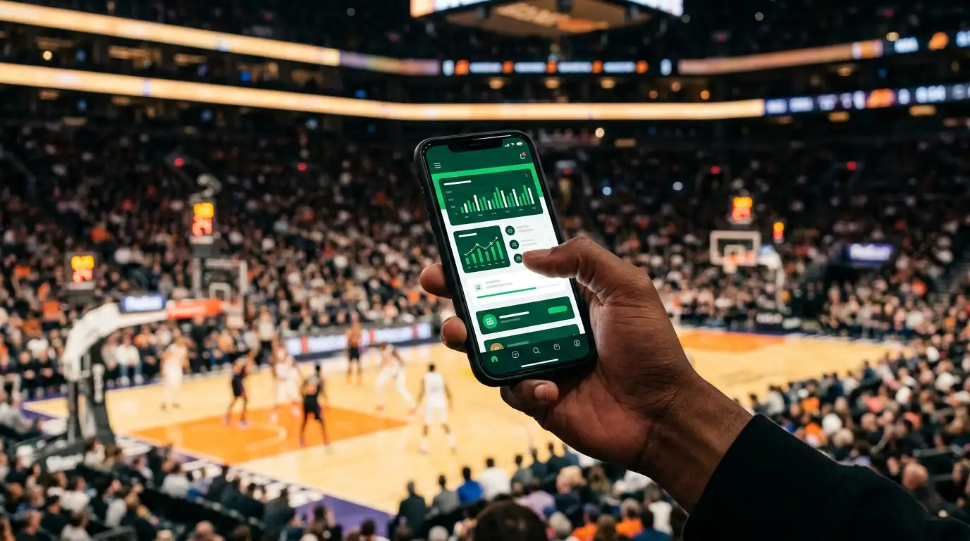 Mão de pessoa a segurar um telemóvel com ecrã iluminado durante um jogo de basquetebol