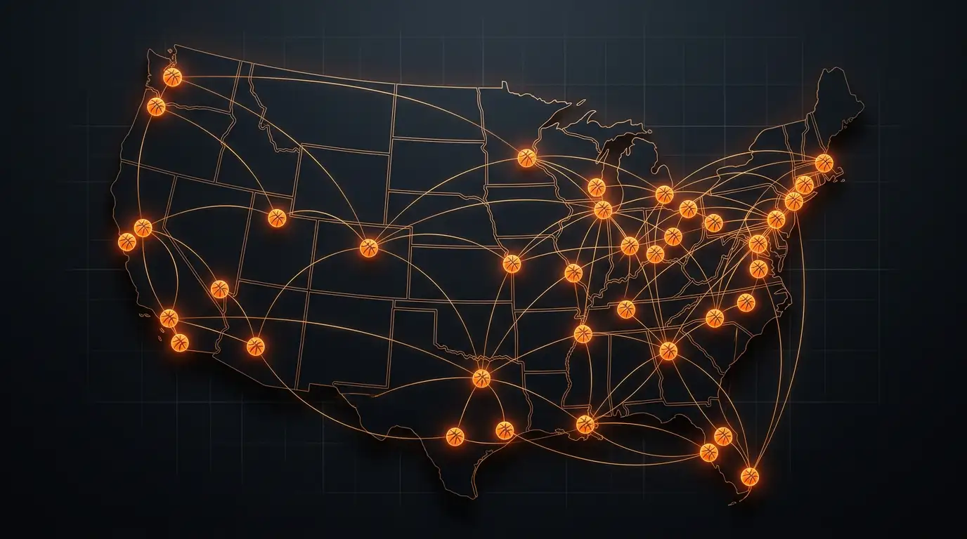 Mapa dos Estados Unidos com bolas de basquetebol nas regiões Este e Oeste