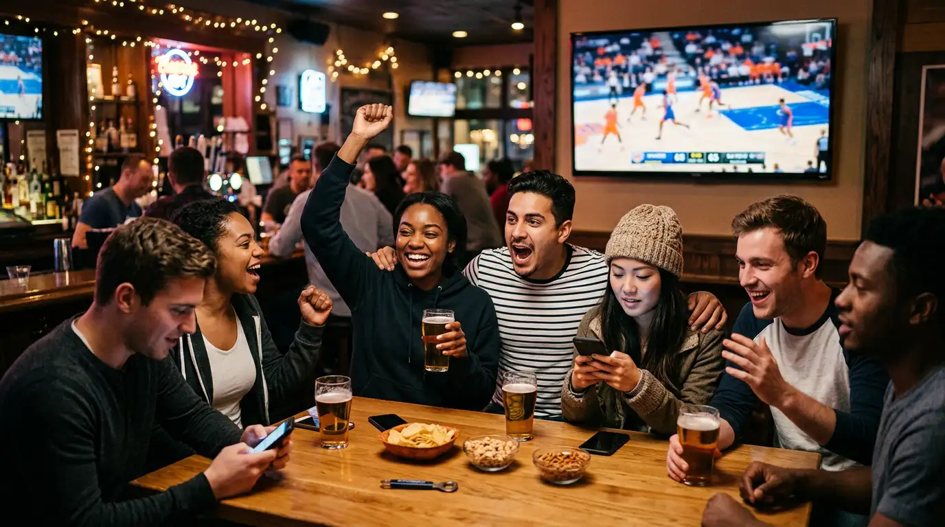 Grupo diverso de pessoas a assistir a um jogo de basquetebol num bar desportivo