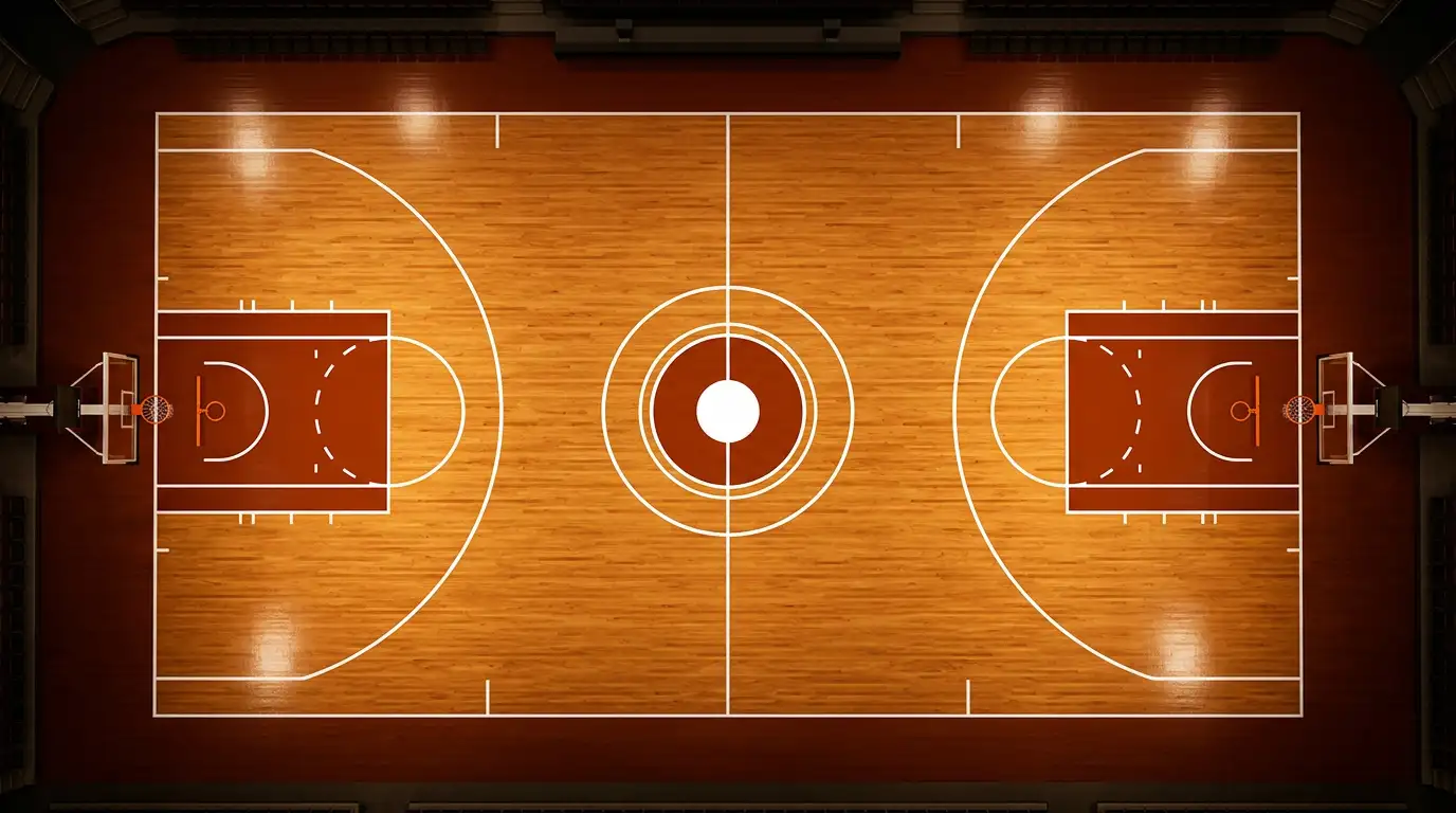 Campo de basquetebol visto de cima mostrando as marcações e linhas de jogo