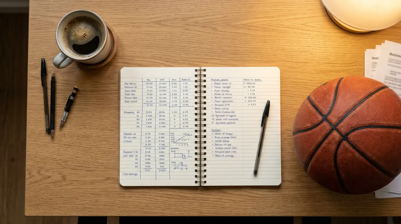 Caderno com anotações e uma bola de basquetebol sobre uma mesa organizada
