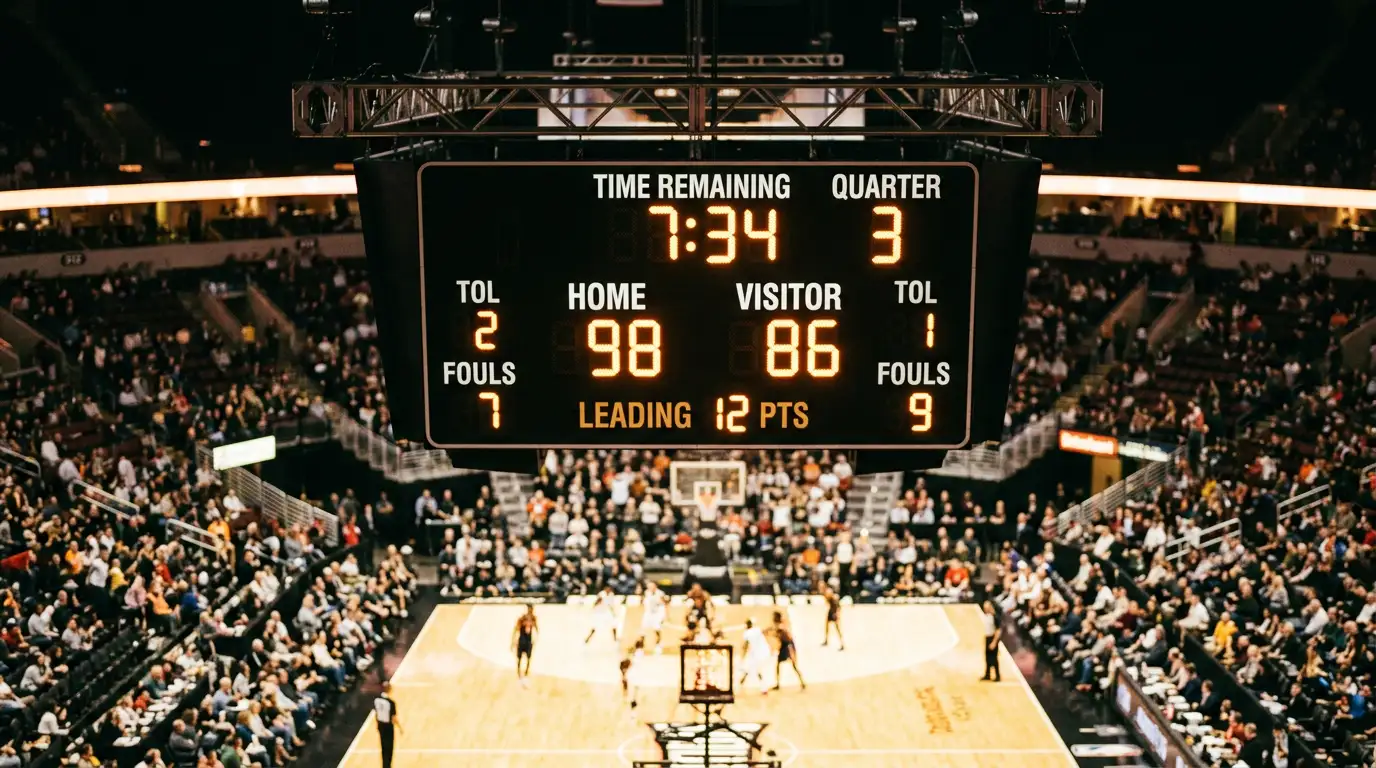 Tabela de resultados de basquetebol num pavilhão NBA com diferença de pontos visível