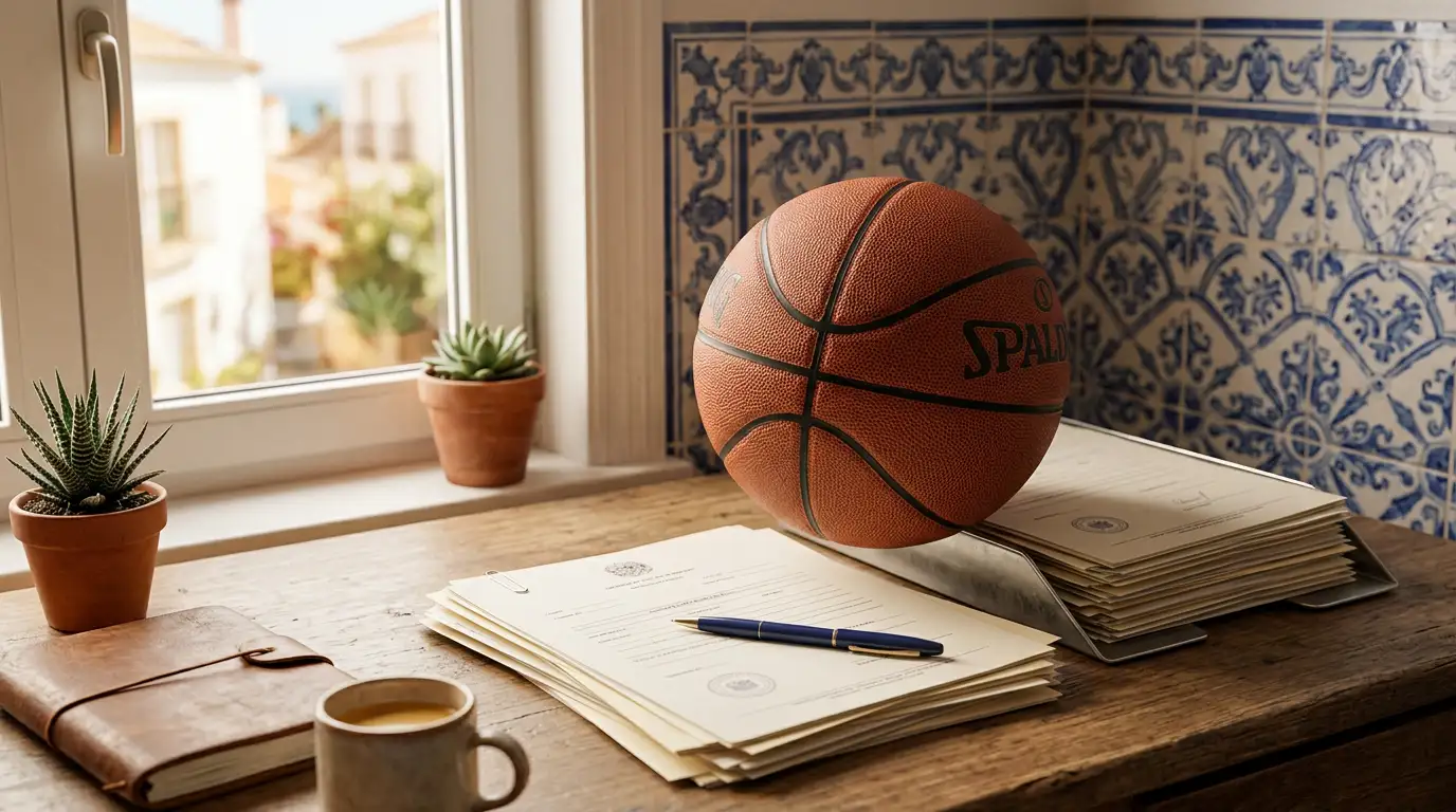 Documentos fiscais e uma bola de basquetebol sobre uma secretária em Portugal