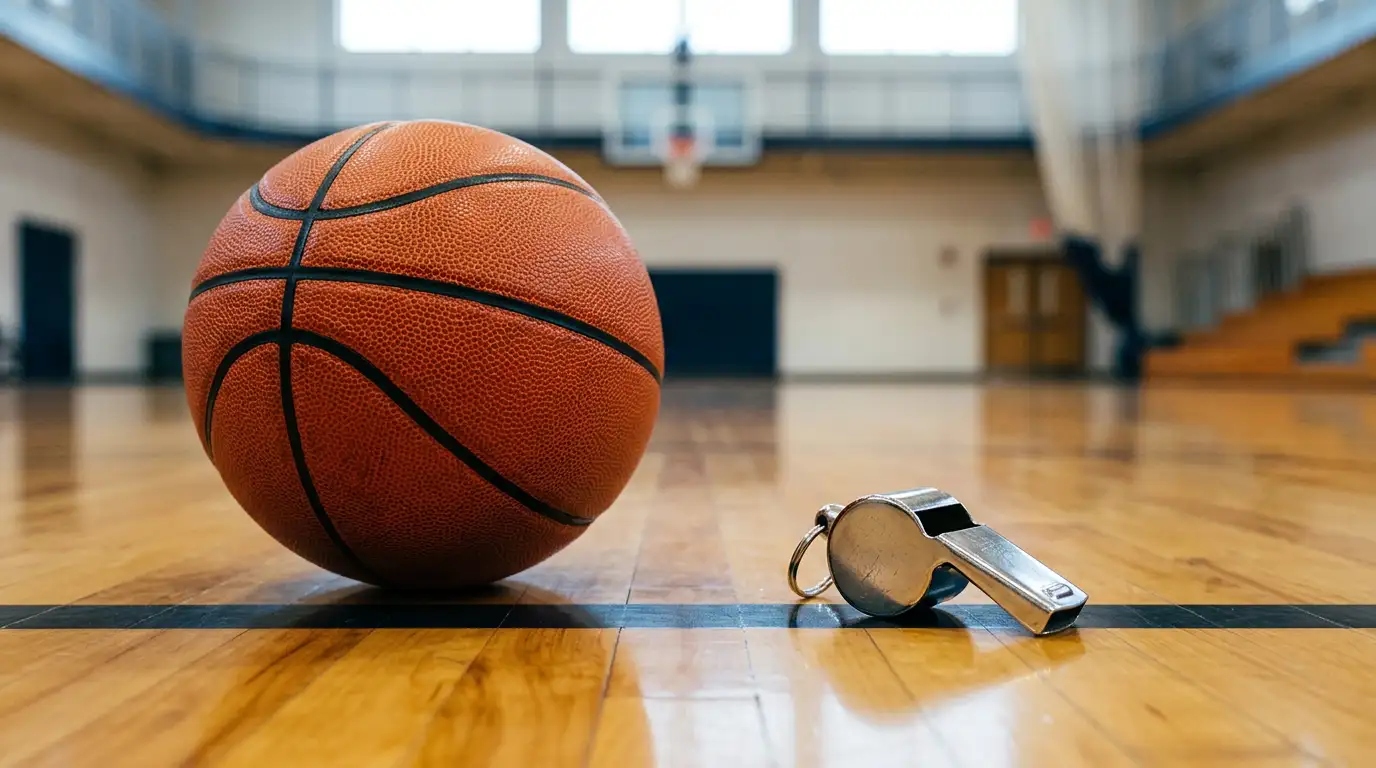 Bola de basquetebol ao lado de um apito de árbitro sobre uma superfície de madeira