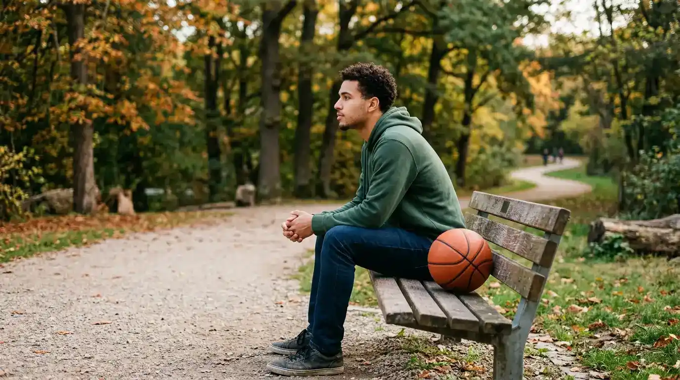Pessoa sentada calmamente a refletir com uma bola de basquetebol ao lado