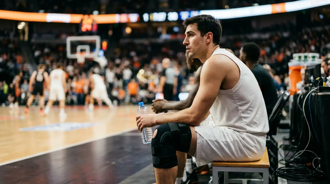 Jogador de basquetebol com ligadura no joelho sentado no banco do pavilhão