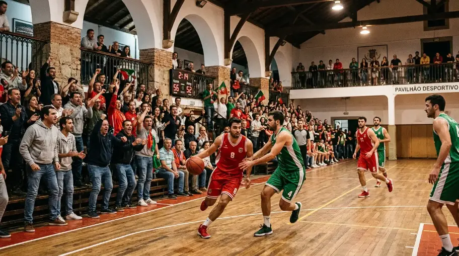 Pavilhão de basquetebol português com adeptos durante um jogo da liga nacional