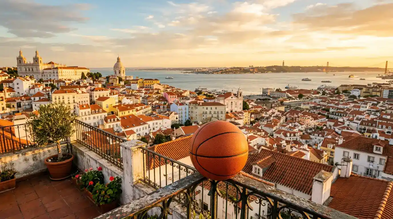 Vista aérea de Lisboa com sobreposição conceptual de elementos de basquetebol