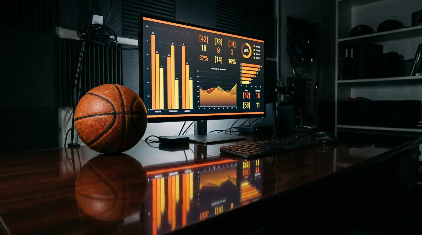 Ecrã de estatísticas de basquetebol com gráficos e números num ambiente de análise