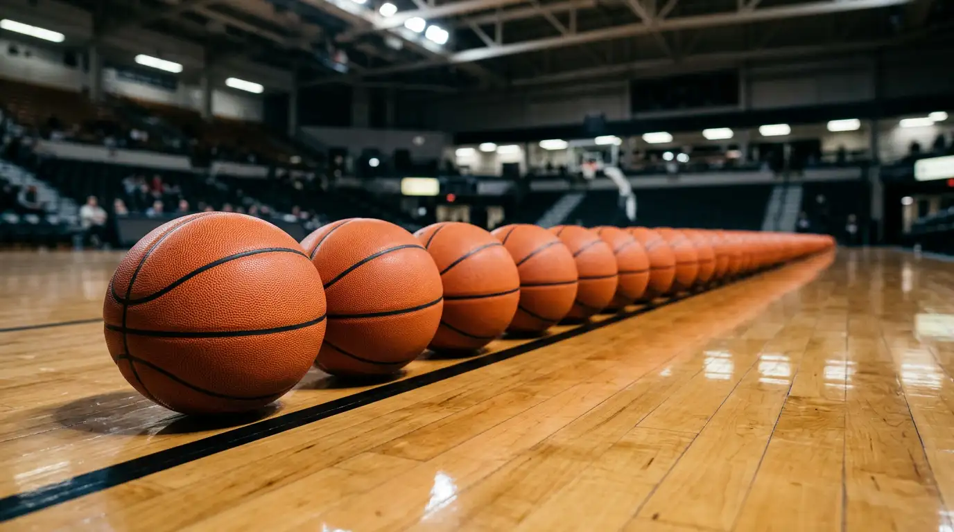 Várias bolas de basquetebol alinhadas num campo de jogo iluminado