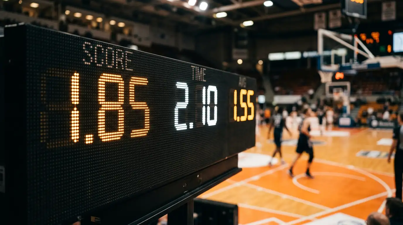 Números decimais iluminados num ecrã com tema de basquetebol