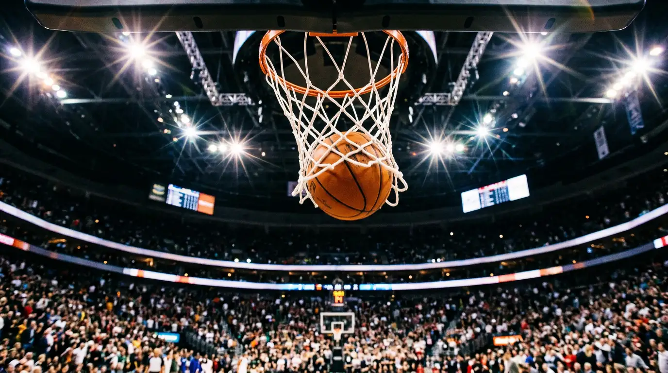 Bola de basquetebol a passar pelo cesto durante um jogo NBA num pavilhão cheio