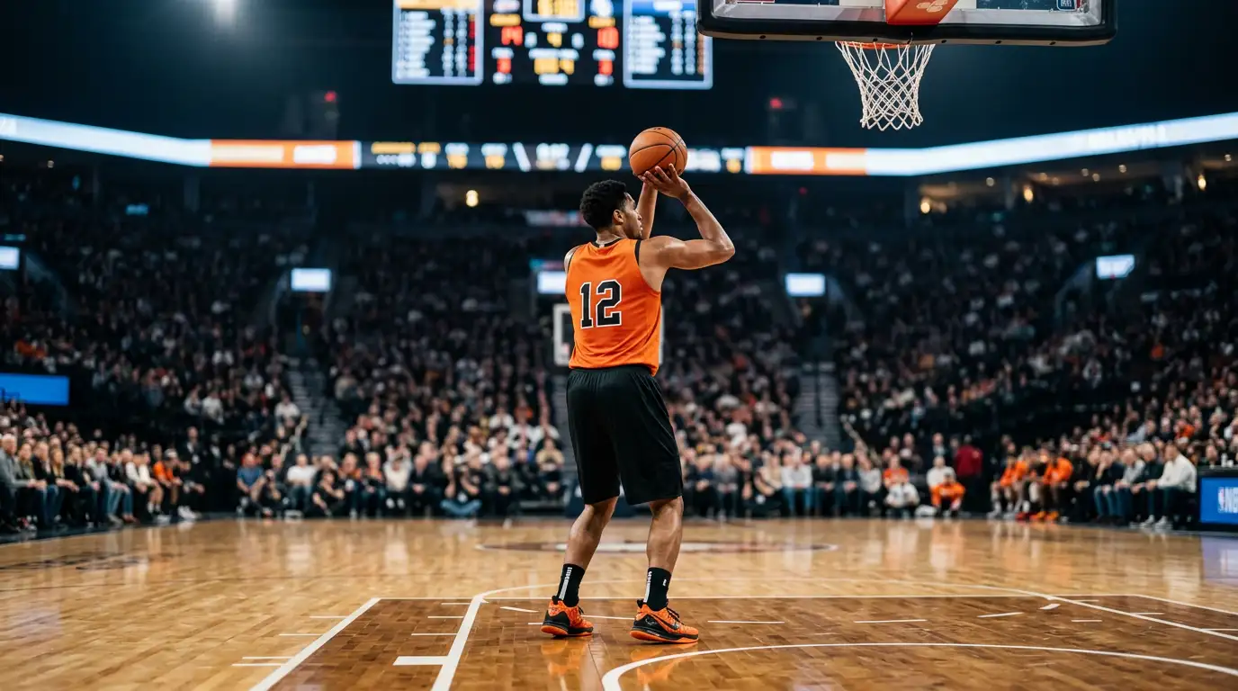 Jogador de basquetebol NBA a preparar um lançamento livre num pavilhão iluminado
