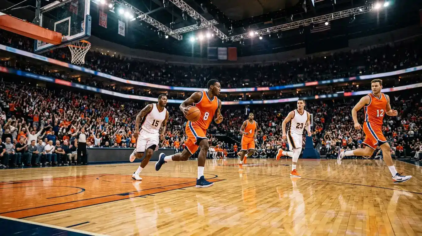 Jogadores de basquetebol NBA em ação durante uma jogada com vários elementos do jogo visíveis