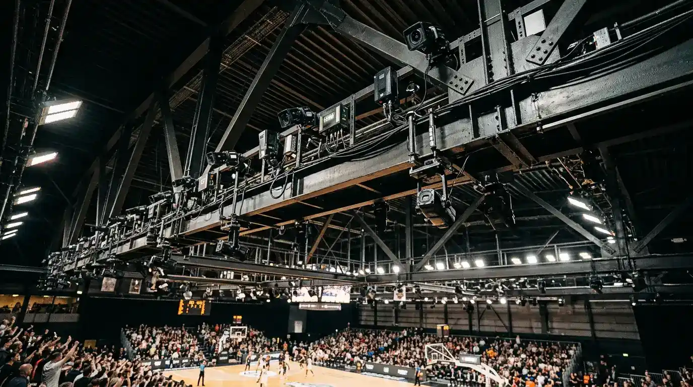 Câmaras e sensores de tracking instalados no teto de um pavilhão de basquetebol