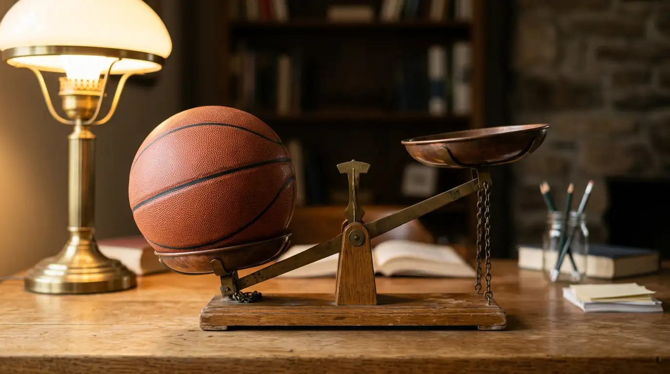 Bola de basquetebol sobre uma balança de equilíbrio num ambiente analítico